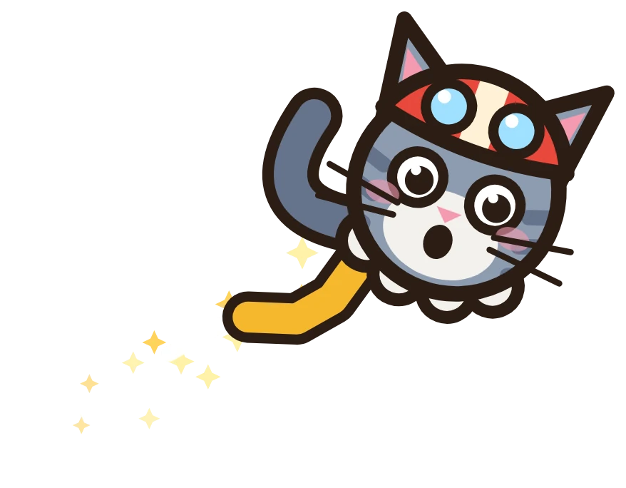 A gray stunt cat in a red helmet and goggles, flying through the sky with its yellow scarf streaming behind