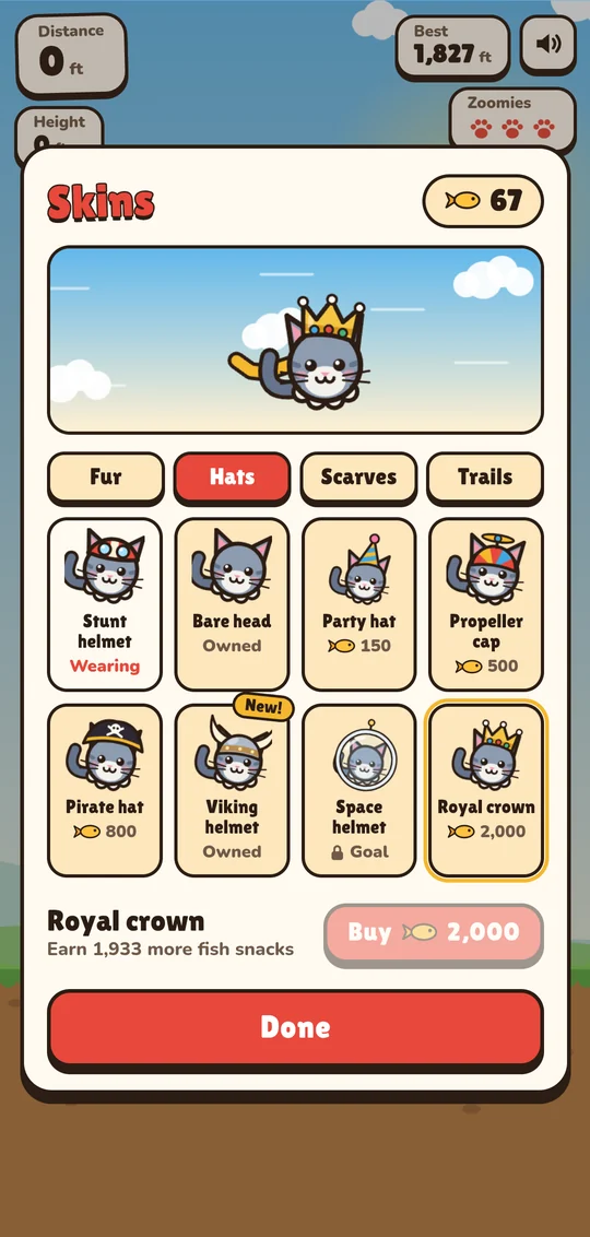 The skins screen trying on a royal crown, with hats like a pirate hat and a space helmet