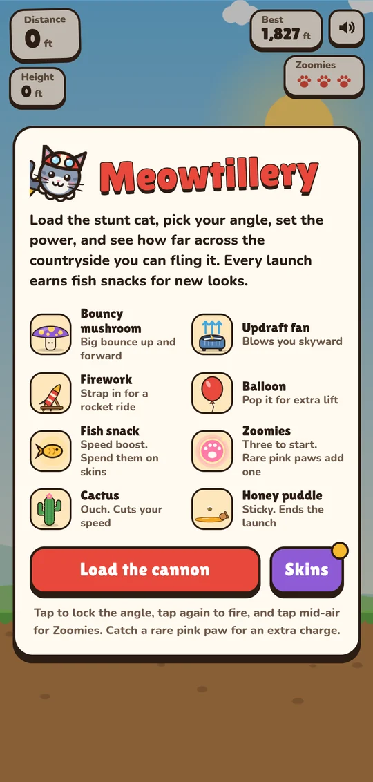 Meowtillery title screen explaining mushrooms, fans, fireworks, balloons, fish, Zoomies, cactuses and honey